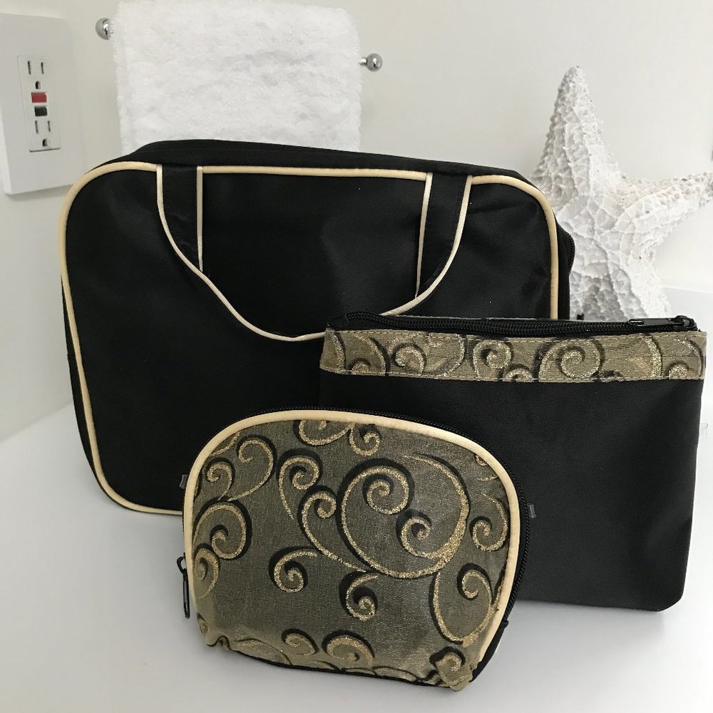 Black & Gold Swirl 3-Piece Cosmetic Bag Set NWOT Travel Makeup Organizer